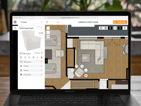 Laptop displaying Floorplanner 3D room planner interface